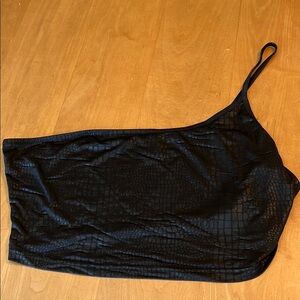 Black One-Shoulder Croc-Embossed Top